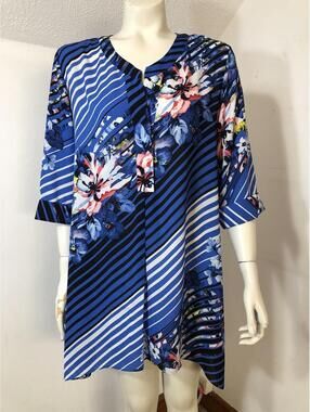 Valerie Stevens Womens Large Popover Tunic Top Blue Stripes Floral 3/4 Sleeve